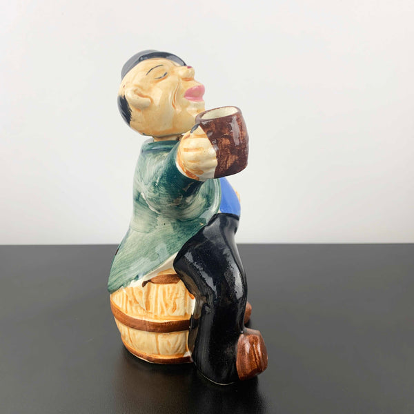 Mid Century Ceramic Drunk Man on Barrel Decanter