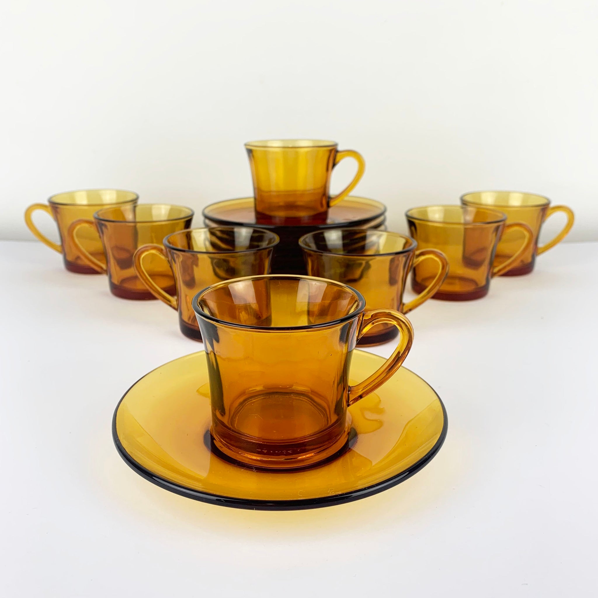 Duralex Set of 3 Orange Coffee / Espresso Cups and Saucers 