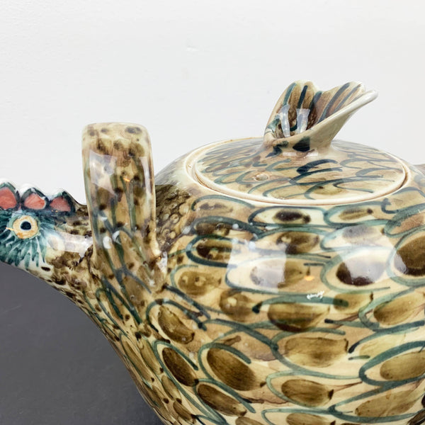 Rare Dennis Dwyer hand painted rooster tea pot with top handle