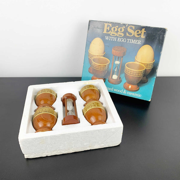 1970's timber and ceramic egg cup set with timer