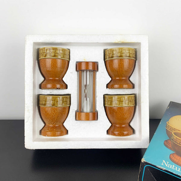 1970's timber and ceramic egg cup set with timer