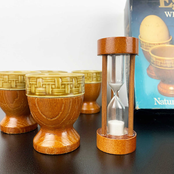 1970's timber and ceramic egg cup set with timer