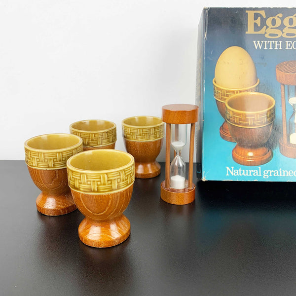 1970's timber and ceramic egg cup set with timer