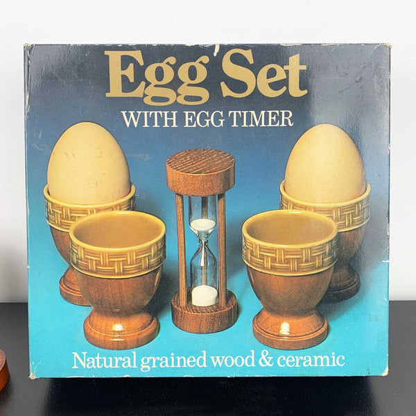 1970's timber and ceramic egg cup set with timer
