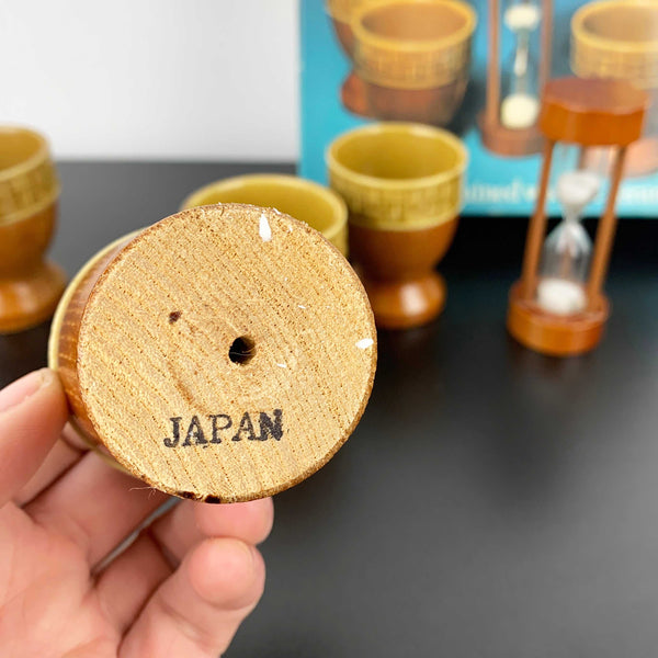 1970's timber and ceramic egg cup set with timer