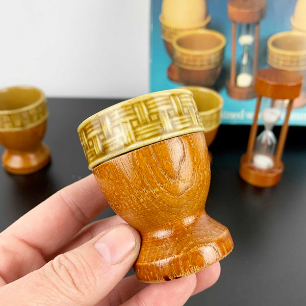 1970's timber and ceramic egg cup set with timer