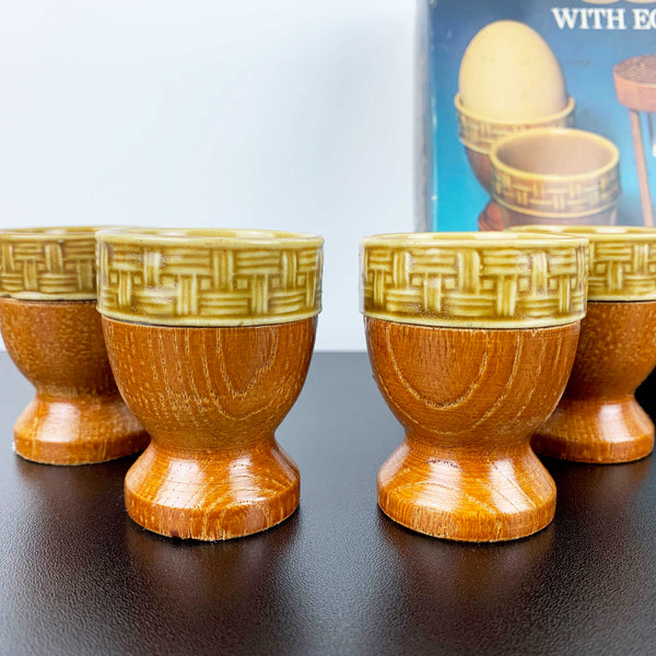 1970's timber and ceramic egg cup set with timer