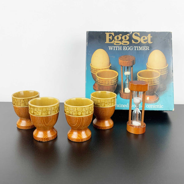 1970's timber and ceramic egg cup set with timer