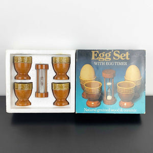 1970's timber and ceramic egg cup set with timer