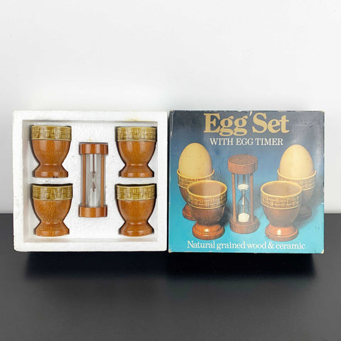 1970's timber and ceramic egg cup set with timer
