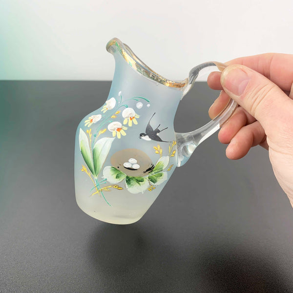 Victorian small glass jug with enamelled decoration