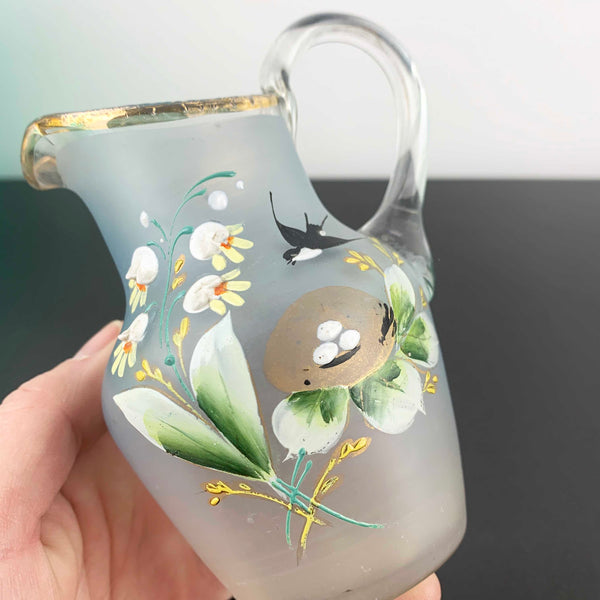 Victorian small glass jug with enamelled decoration