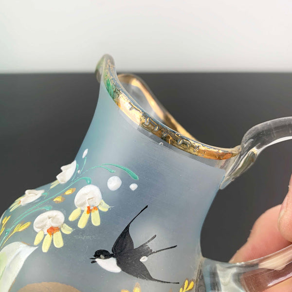 Victorian small glass jug with enamelled decoration