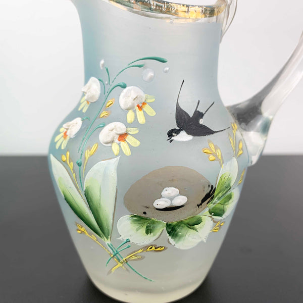 Victorian small glass jug with enamelled decoration