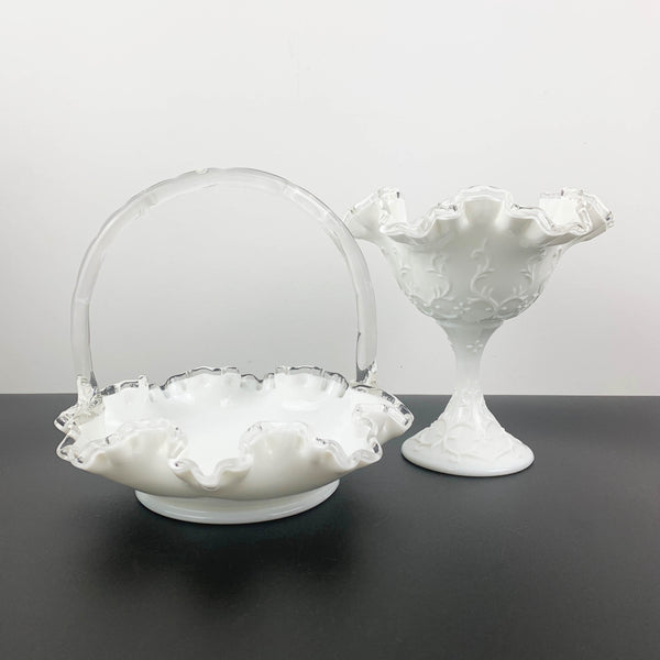 Fenton milk glass ruffle edge compote and basket - Set of 2