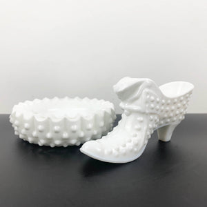 Fenton hobnail milk glass bowl and shoe ornament - Set of 2