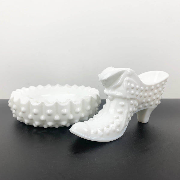 Fenton hobnail milk glass bowl and shoe ornament - Set of 2