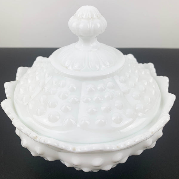 Fenton milk glass hobnail lidded and footed candy dish