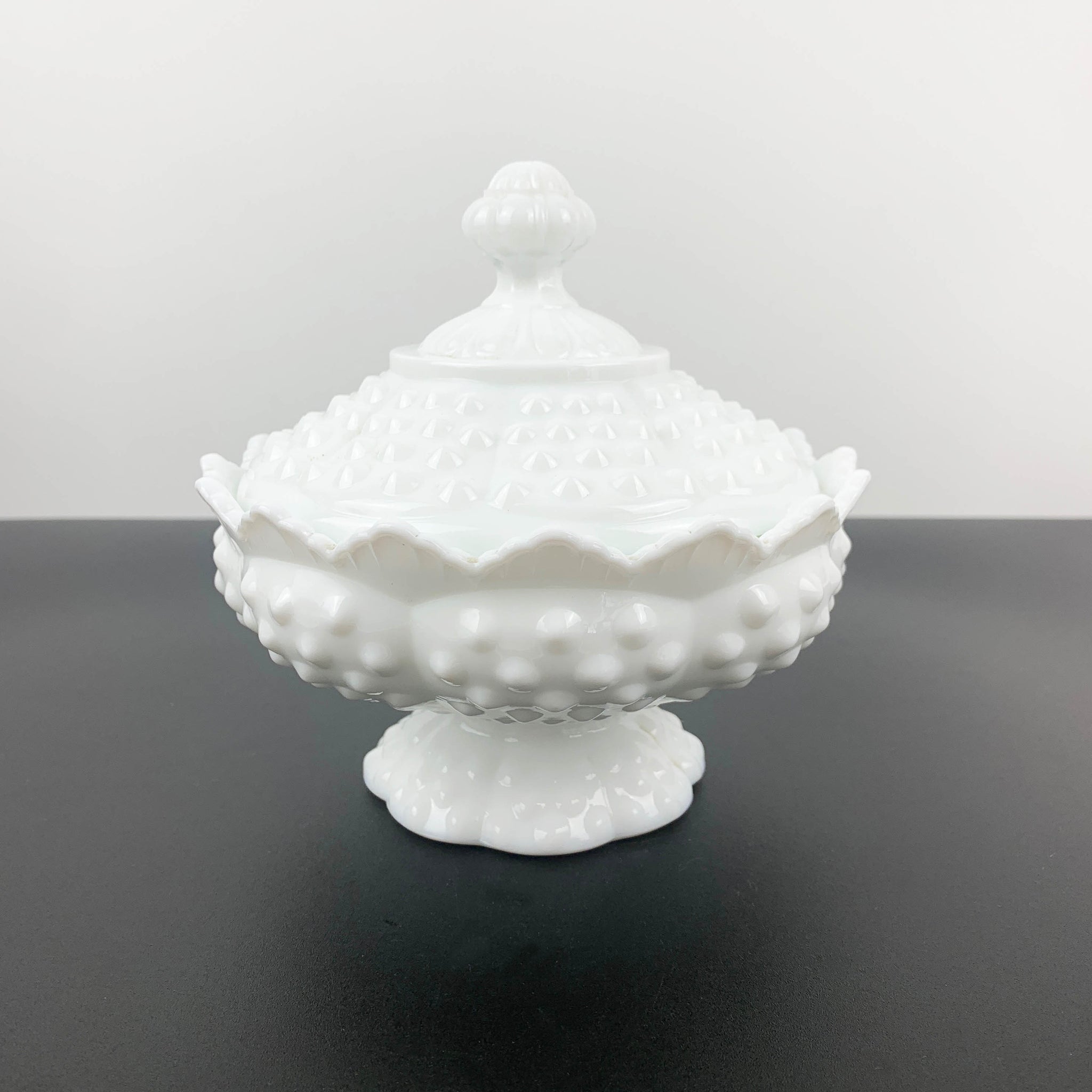 Fenton milk glass hobnail lidded and footed candy dish