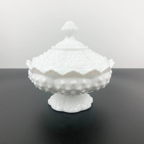 Fenton milk glass hobnail lidded and footed candy dish