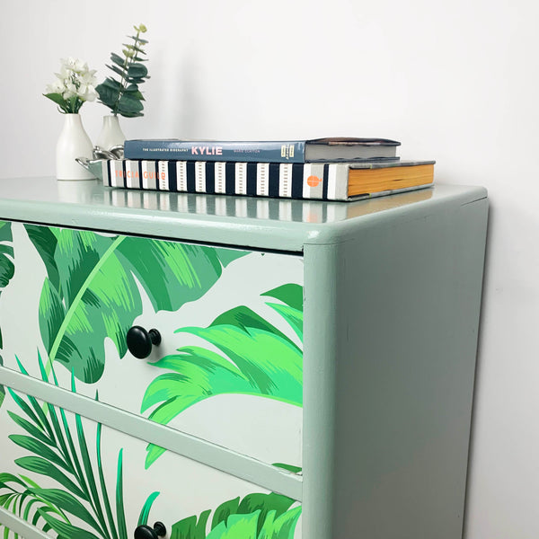 Fern design artwork on upcycled chest of drawers