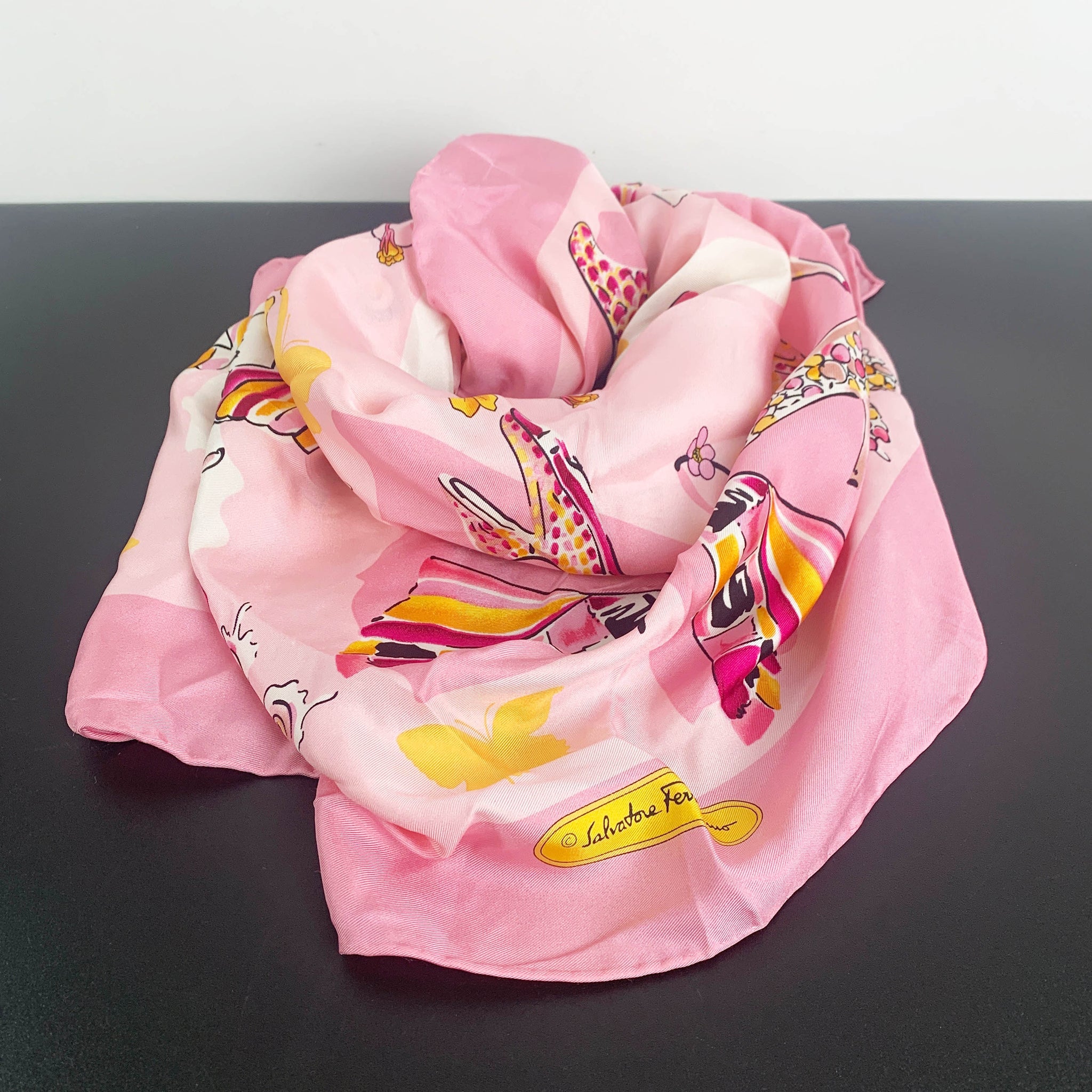 Salvatore Ferragamo pink shoe print silk scarf