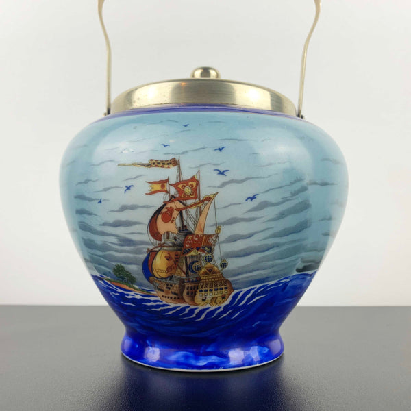 Antique Galleon Hand Painted Biscuit Barrel