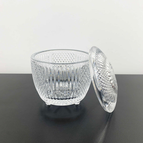 Tri foot small diamond pattern glass jar with lid