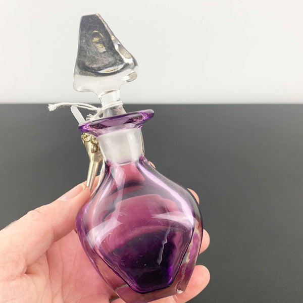 Eileen Gordon violet art glass perfume bottle with silver pouring funnel