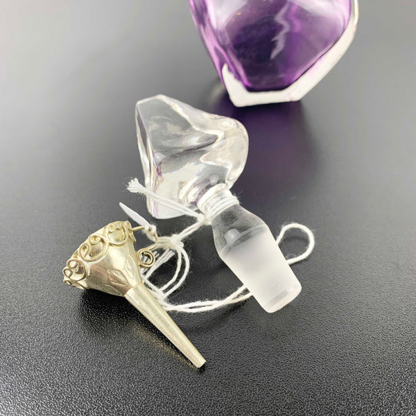 Eileen Gordon violet art glass perfume bottle with silver pouring funnel