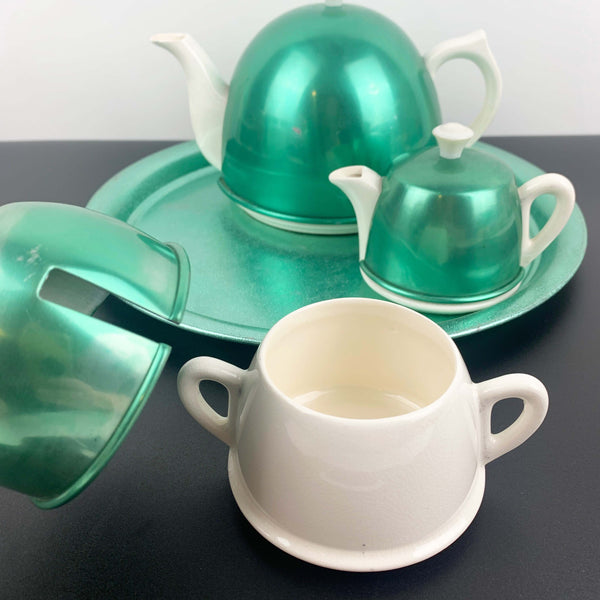 1950's retro tea set with anodised covers in peppermint green