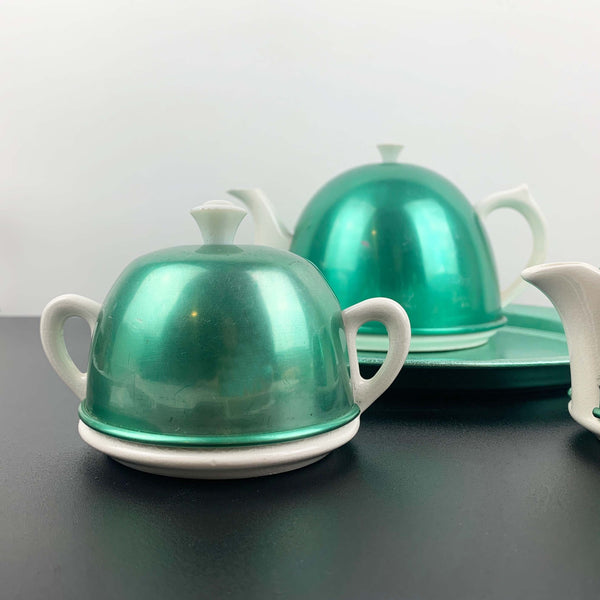 1950's retro tea set with anodised covers in peppermint green