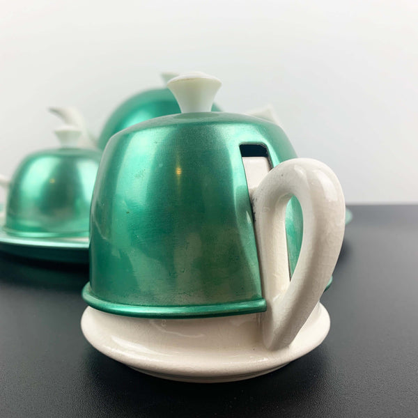1950's retro tea set with anodised covers in peppermint green