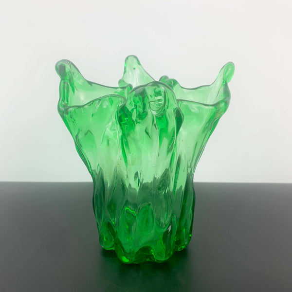 Green freeform art glass finger vase