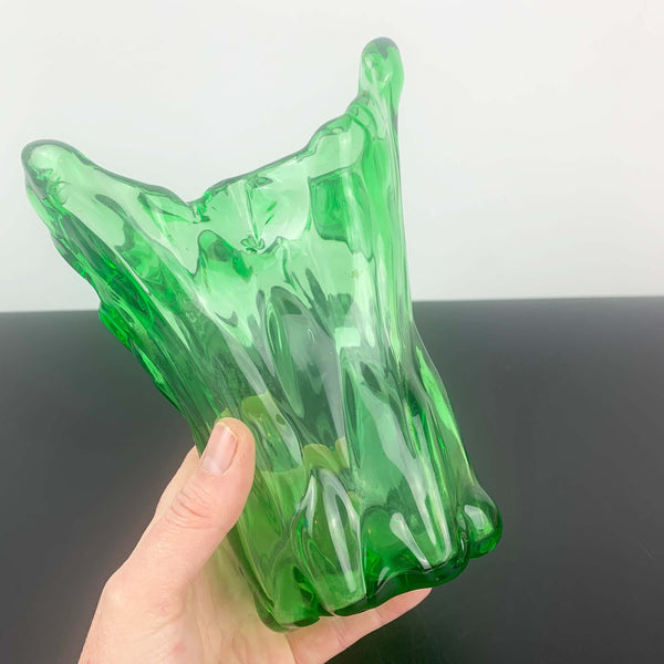 Green freeform art glass finger vase