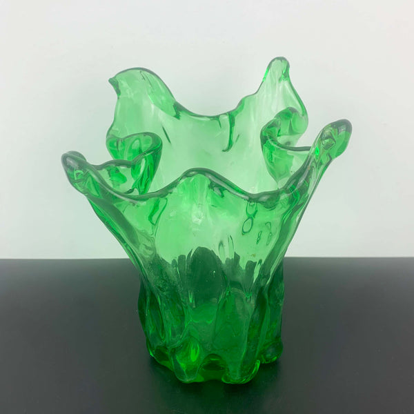 Green freeform art glass finger vase