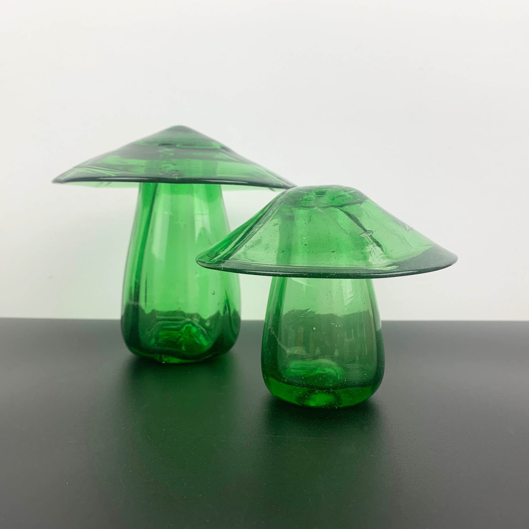 Green art glass mushrooms - Set of 2