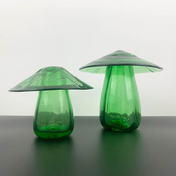 Green art glass mushrooms - Set of 2