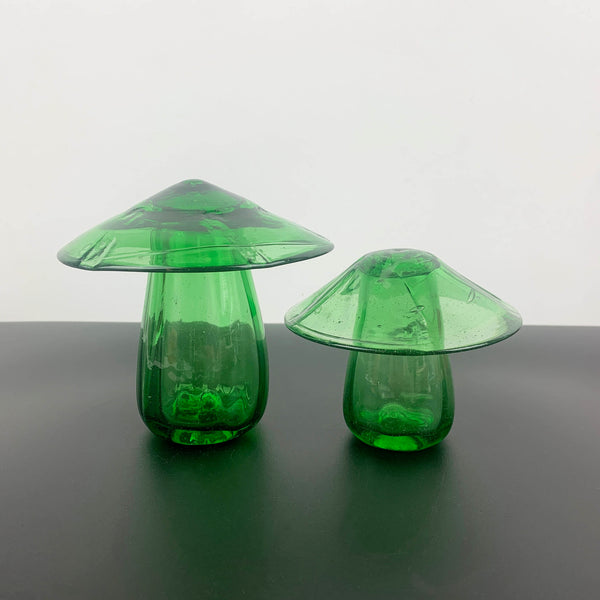 Green art glass mushrooms - Set of 2