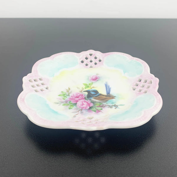 Hand painted blue wren decorative pierced plate