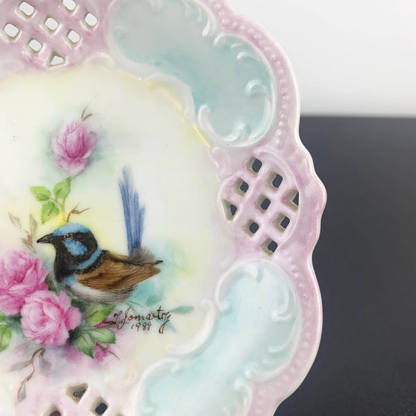 Hand painted blue wren decorative pierced plate