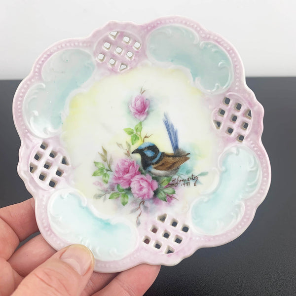 Hand painted blue wren decorative pierced plate