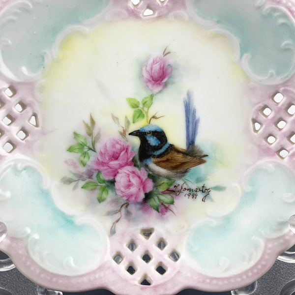 Hand painted blue wren decorative pierced plate