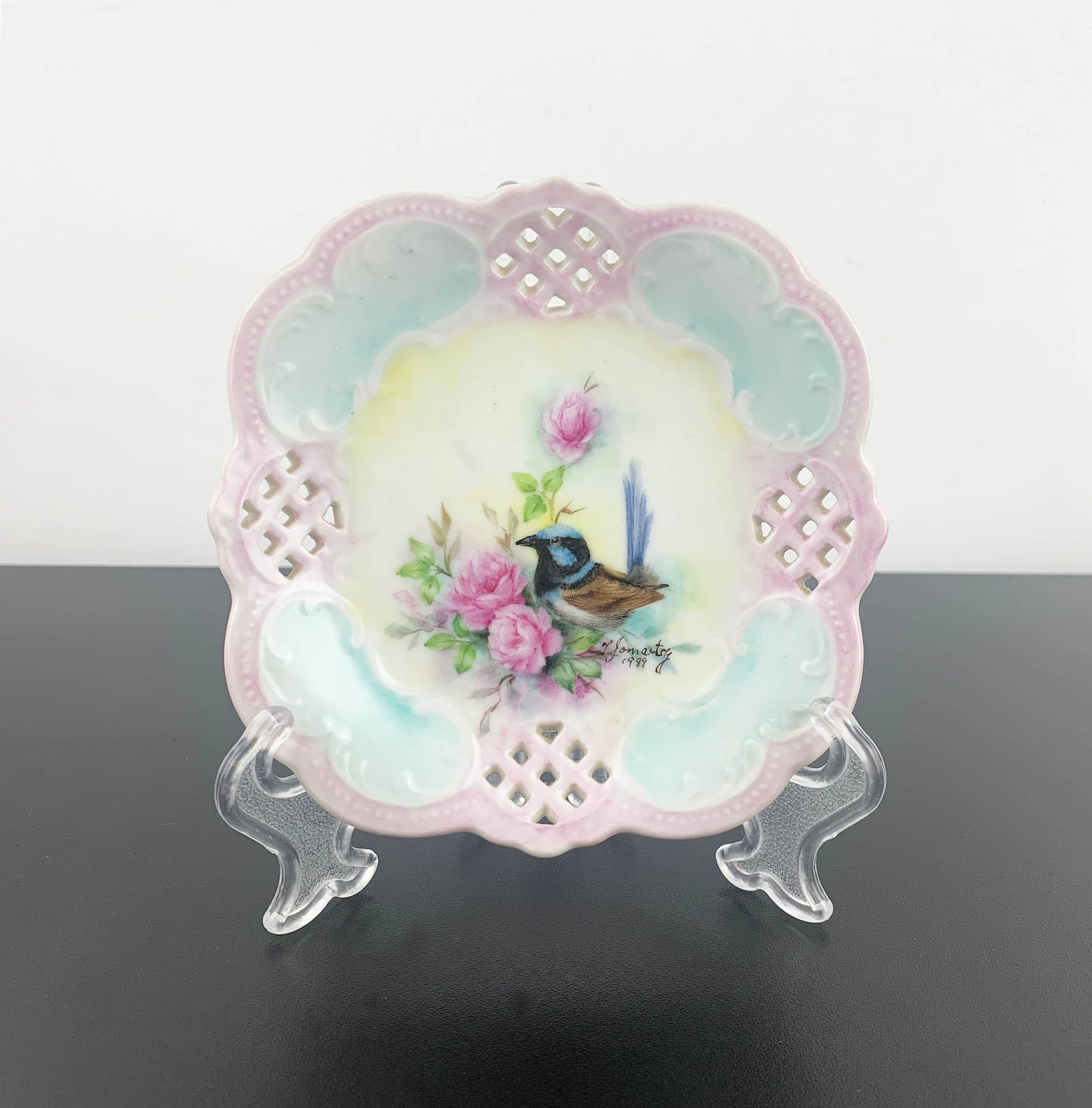 Hand painted blue wren decorative pierced plate
