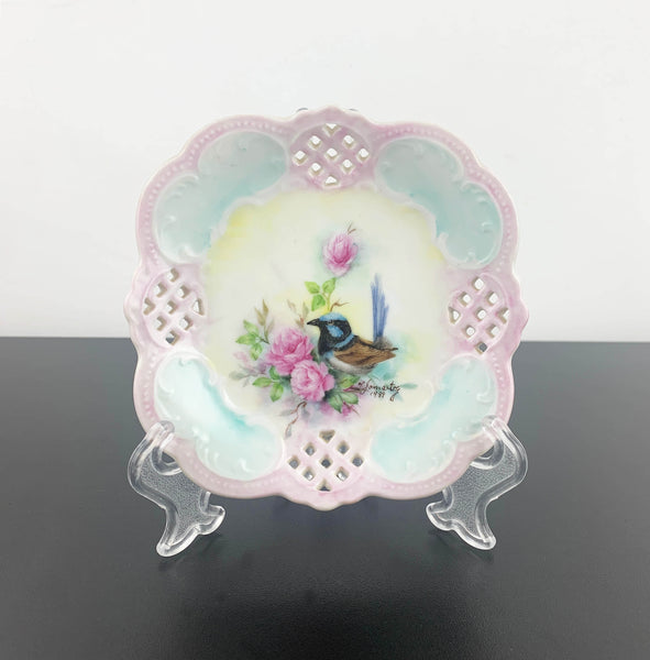 Hand painted blue wren decorative pierced plate