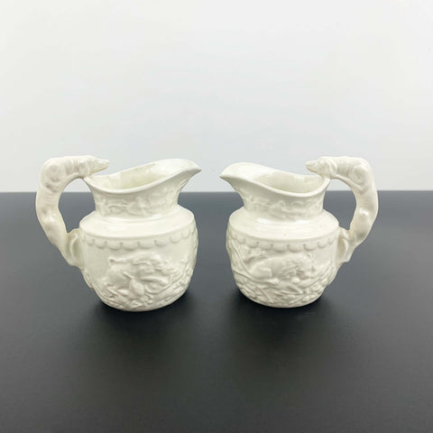 Hunting scene pottery jugs with dog handles - Set of 2