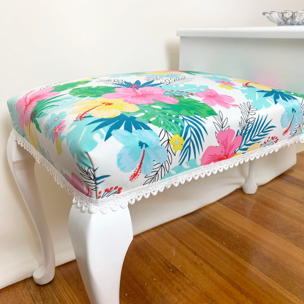 Tropical floral fabric used on upcycled telephone table