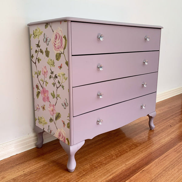 Upcycled chest of drawers with floral side detail