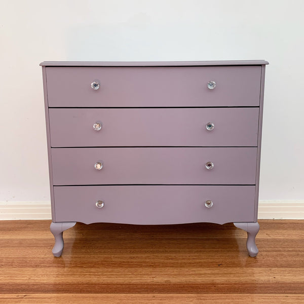 Lilac upcycled chest of drawers with crystal knobs