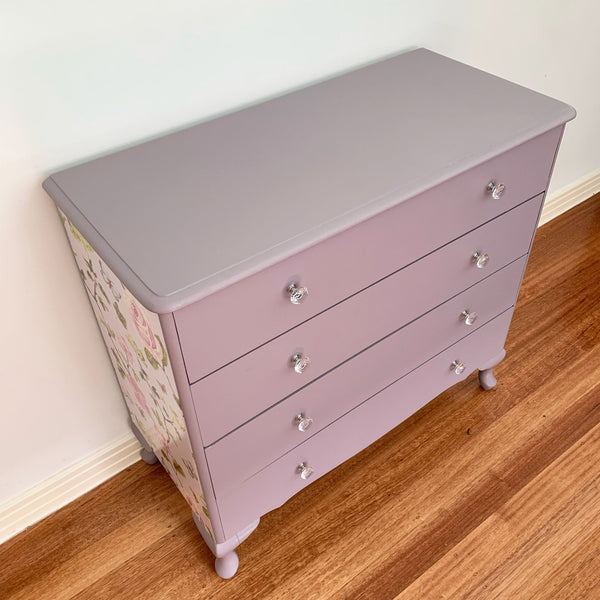 Lilac upcycled chest of drawers top view